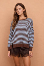 Load image into Gallery viewer, STRIPE EXPOSED SEAM SPLIT HEM LONG SLEEVE KNIT TOP (PRE-ORDER): BLACK
