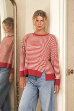 Load image into Gallery viewer, STRIPE EXPOSED SEAM SPLIT HEM LONG SLEEVE KNIT TOP (PRE-ORDER): BLACK
