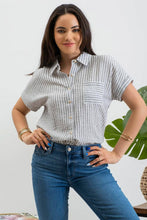 Load image into Gallery viewer, STRIPE COLLARED SHORT SLEEVE LINEN SHIRT: KHAKI
