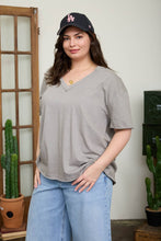 Load image into Gallery viewer, PLUS WASHED RELAXED SHORT SLEEVE V NECK KNIT TOP: VINTAGE BLUE
