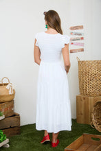 Load image into Gallery viewer, FLUTTER SLEEVE V NECK SMOCKED MIDI DRESS: LIGHT OLIVE
