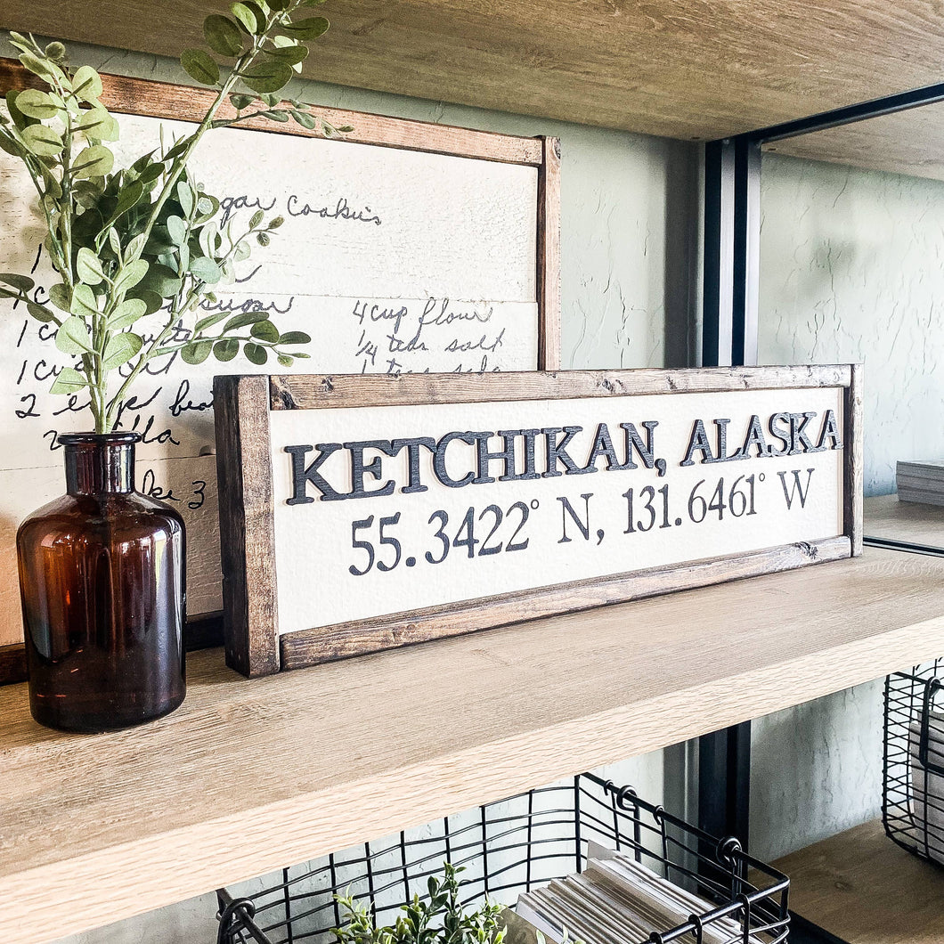 City, State With Coordinates Wood Laser 3D Sign: Dark Walnut