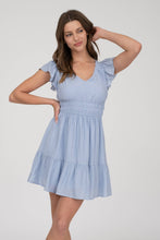 Load image into Gallery viewer, V NECK SHORT SLEEVE RUFFLE DETAIL SHIRRED MINI DRESS: WHITE
