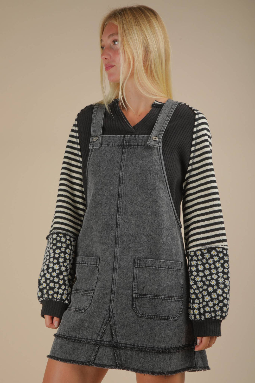 Washed Denim Overall Mini Dress: BLACK