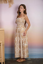 Load image into Gallery viewer, DEMASK PATTERN STRAPLESS SMOCKED MIDI SUNDRESS: CAMEL MULTI
