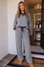 Load image into Gallery viewer, Striped Colorblock Trim Pants: Blue &amp; Brown Stripe

