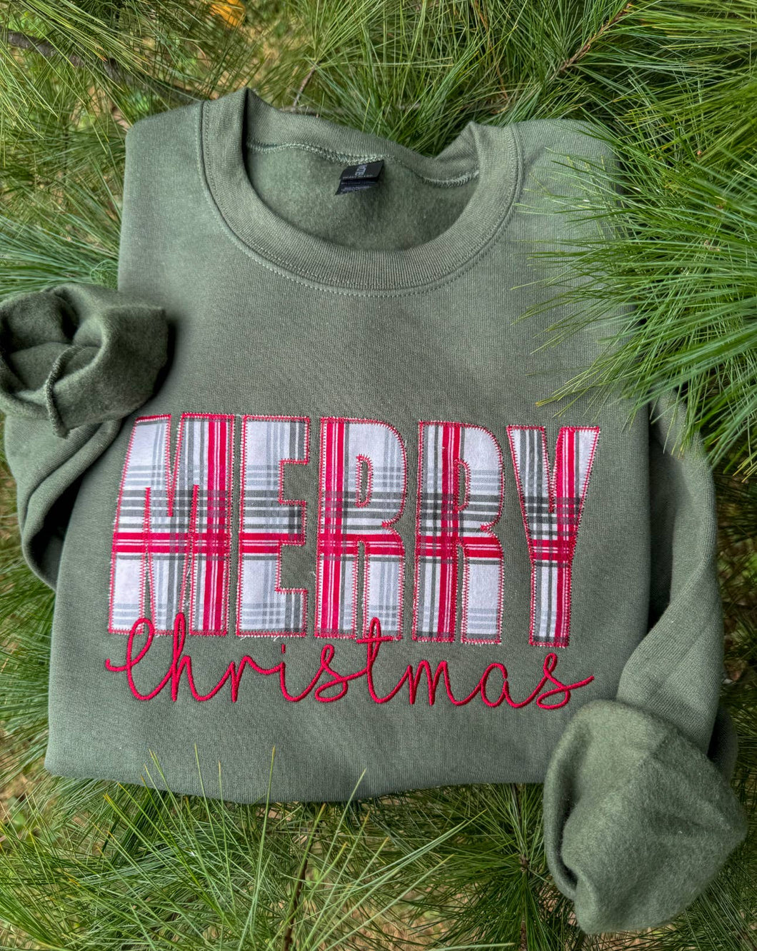 Merry Christmas Embroidered Crew: Military Green