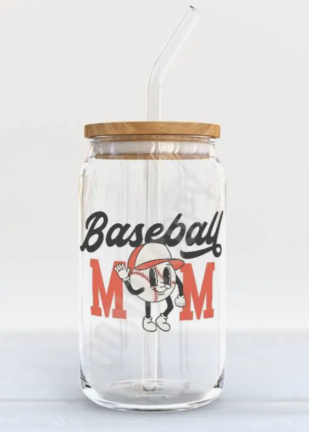 Baseball Mom Glass Cup with Bamboo Lid and Glass Straw