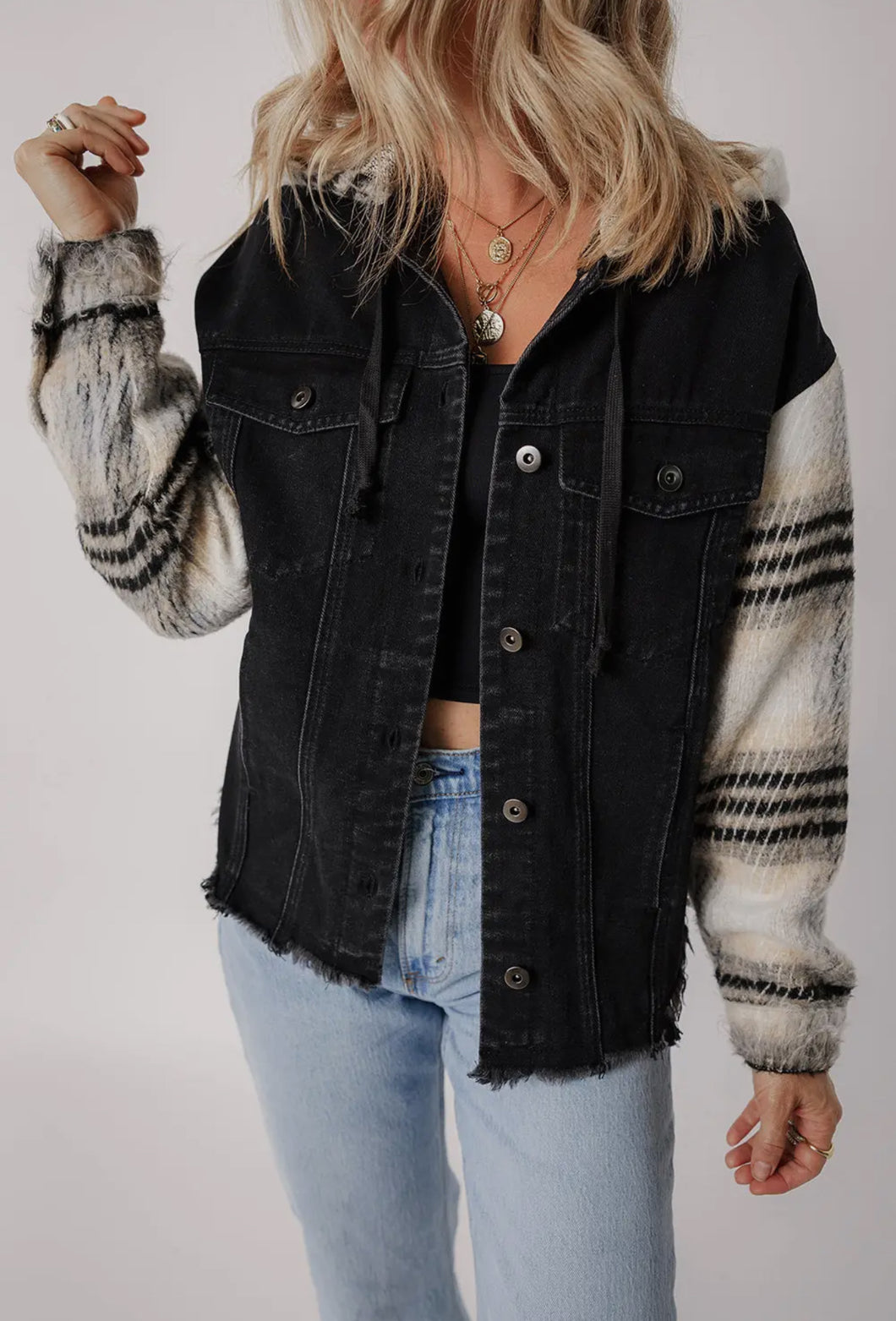 Black plaid denim jacket