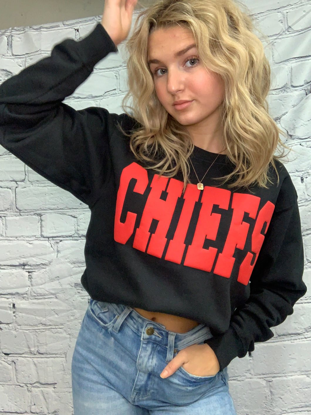 Black Chiefs Crewneck with Red Puff Lettering