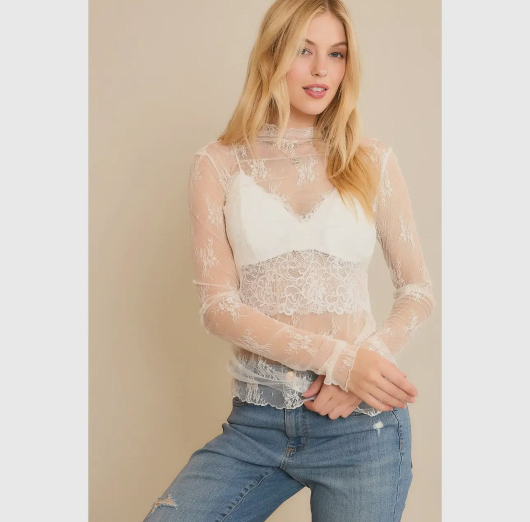 White Mesh Lace Long Sleeve Top