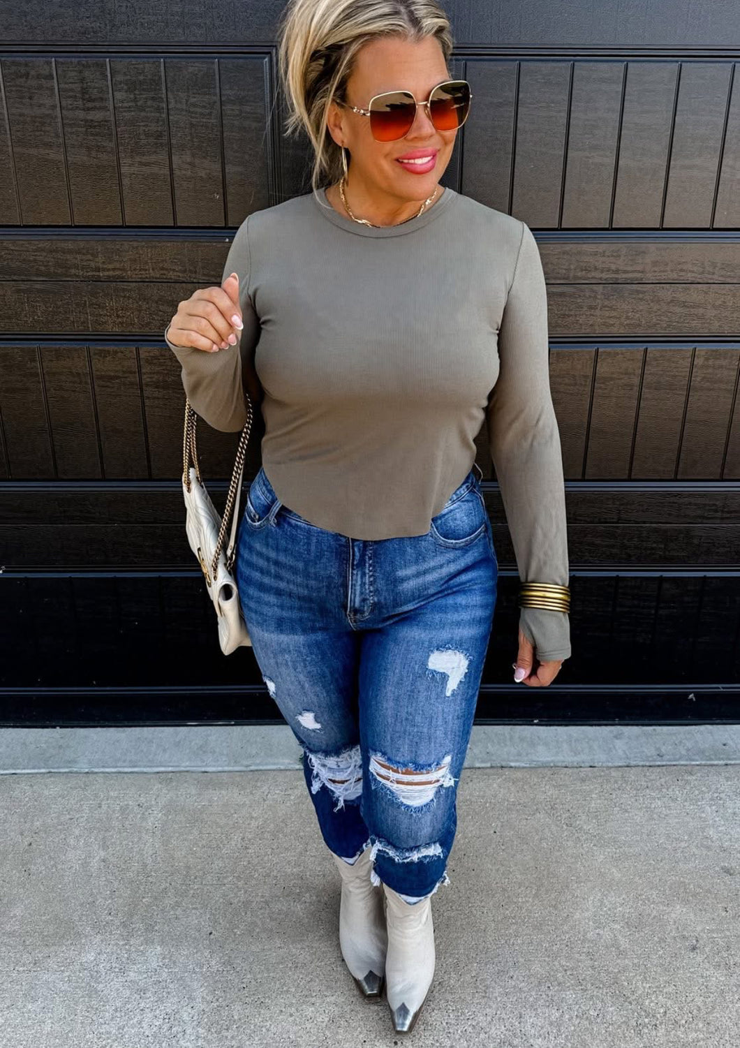 Olive Curved Hem Ribbed Top