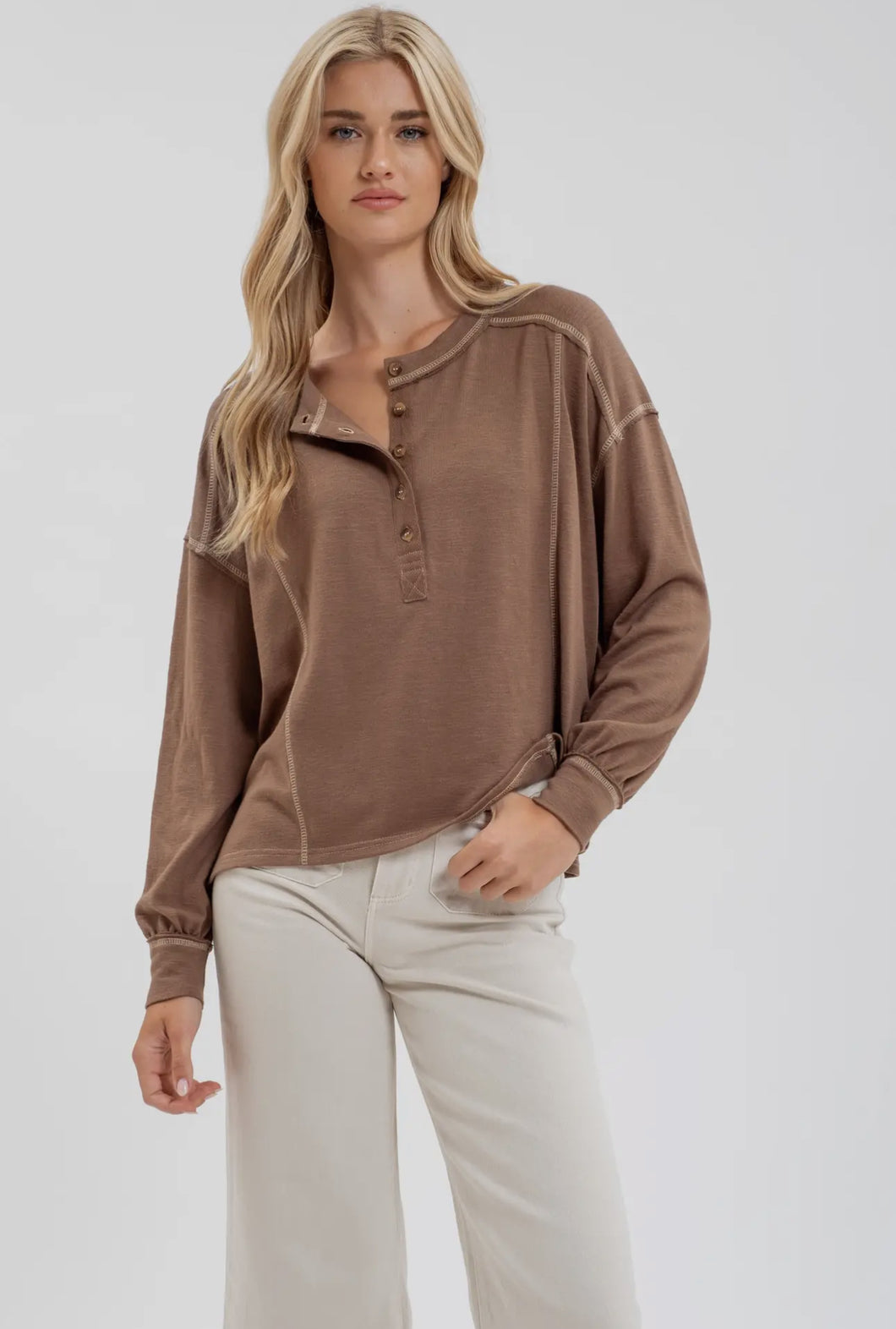 Coffee Henley Knit Top