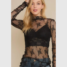 Load image into Gallery viewer, MESH LACE HIGH NECK DESIGN LONG SLEEVE FITTED TOP: Black
