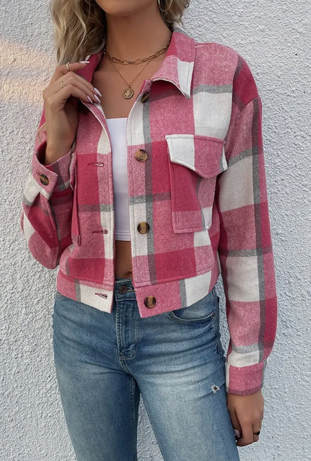 Rose cropped plaid shacket