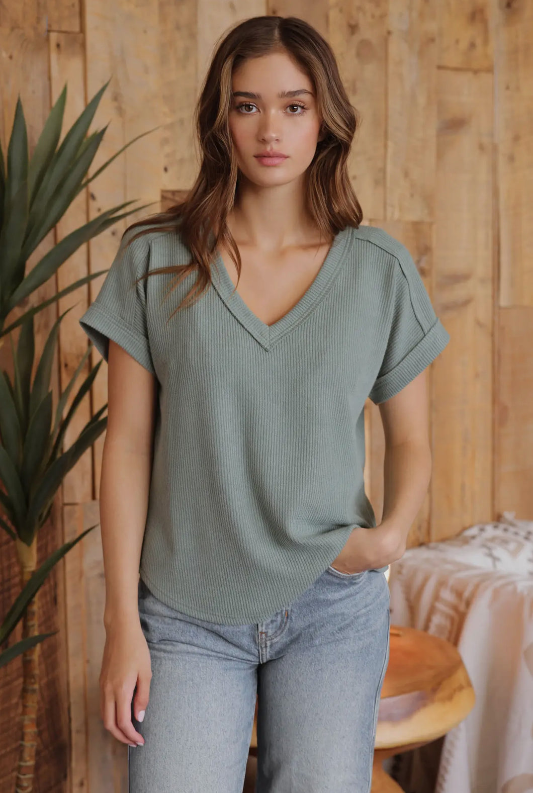 Sage raw edge v neck