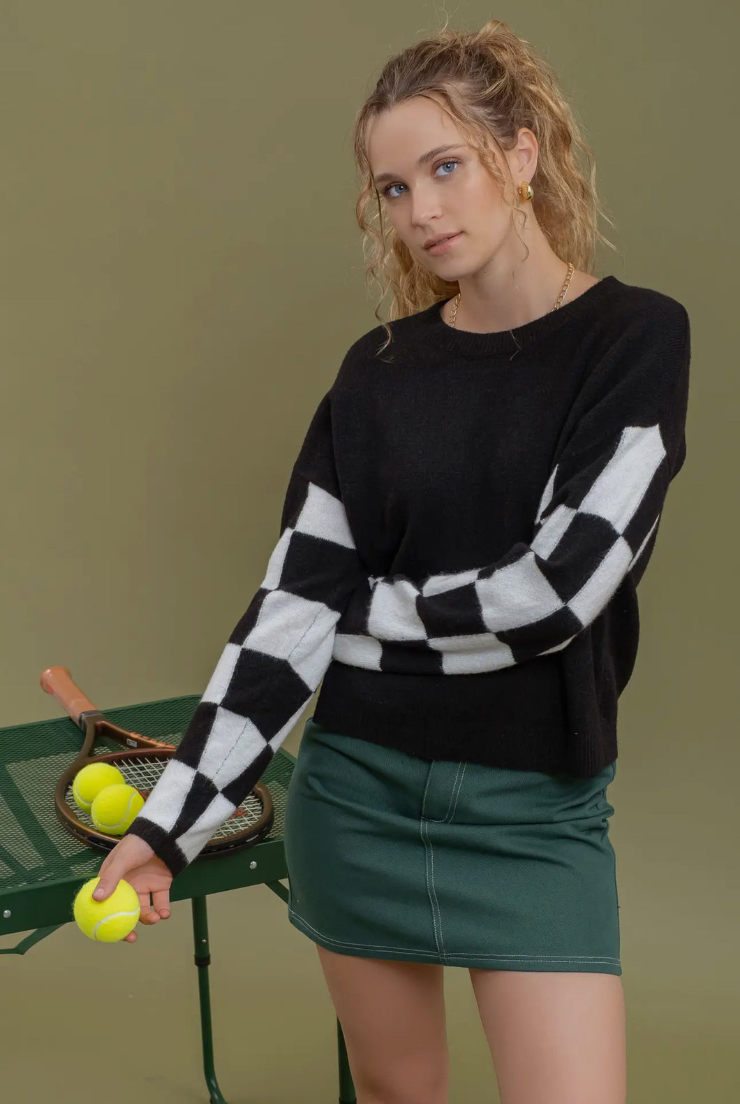 Checkered Long Sleeve Drop Shoulder Sweater