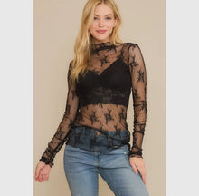 Load image into Gallery viewer, MESH LACE HIGH NECK DESIGN LONG SLEEVE FITTED TOP: Black
