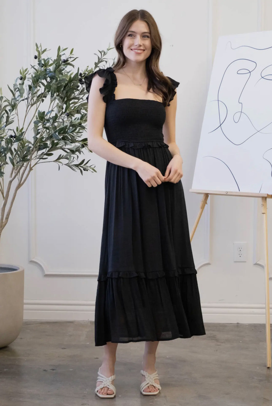 Black Flutter Midi Dress