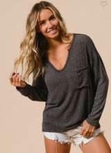 Load image into Gallery viewer, Black V Neck Ribbed Long Sleeve Top
