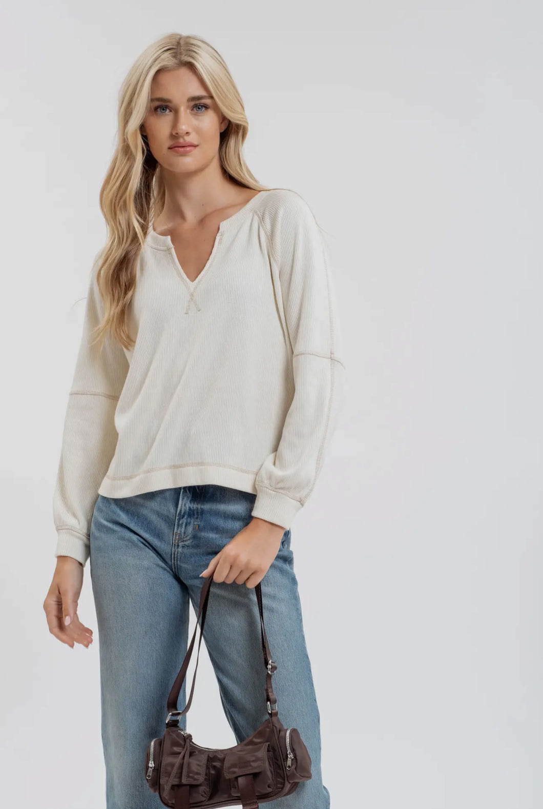 V Neck Long Sleeve Cream Top