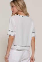 Load image into Gallery viewer, Short Sleeve Round Neck Sweater with Contrast Color Stitch: WHT-white/black / L
