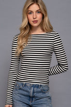 Load image into Gallery viewer, Long Sleeve Boat Neck Stripe Brushed Rib Top: BLK-black/cream / M

