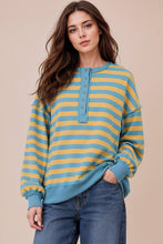 Load image into Gallery viewer, NT12310-Oversized Striped Half Button Down Casual Knit Top: YELLOW/BLUE / S-M-L/2-2-2
