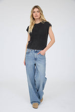 Load image into Gallery viewer, ACID WASHED TAB SLEEVE BACK BUTTON KNIT TOP: INDIGO
