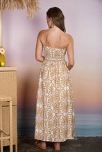 Load image into Gallery viewer, DEMASK PATTERN STRAPLESS SMOCKED MIDI SUNDRESS: CAMEL MULTI
