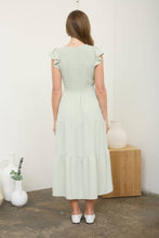 Load image into Gallery viewer, FLUTTER SLEEVE V NECK SMOCKED MIDI DRESS: LIGHT OLIVE
