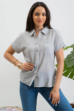 Load image into Gallery viewer, STRIPE COLLARED SHORT SLEEVE LINEN SHIRT: KHAKI
