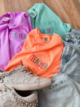 Load image into Gallery viewer, Teacher Embroidered Comfort Colors Tee | Multicolor Stitch: Purple
