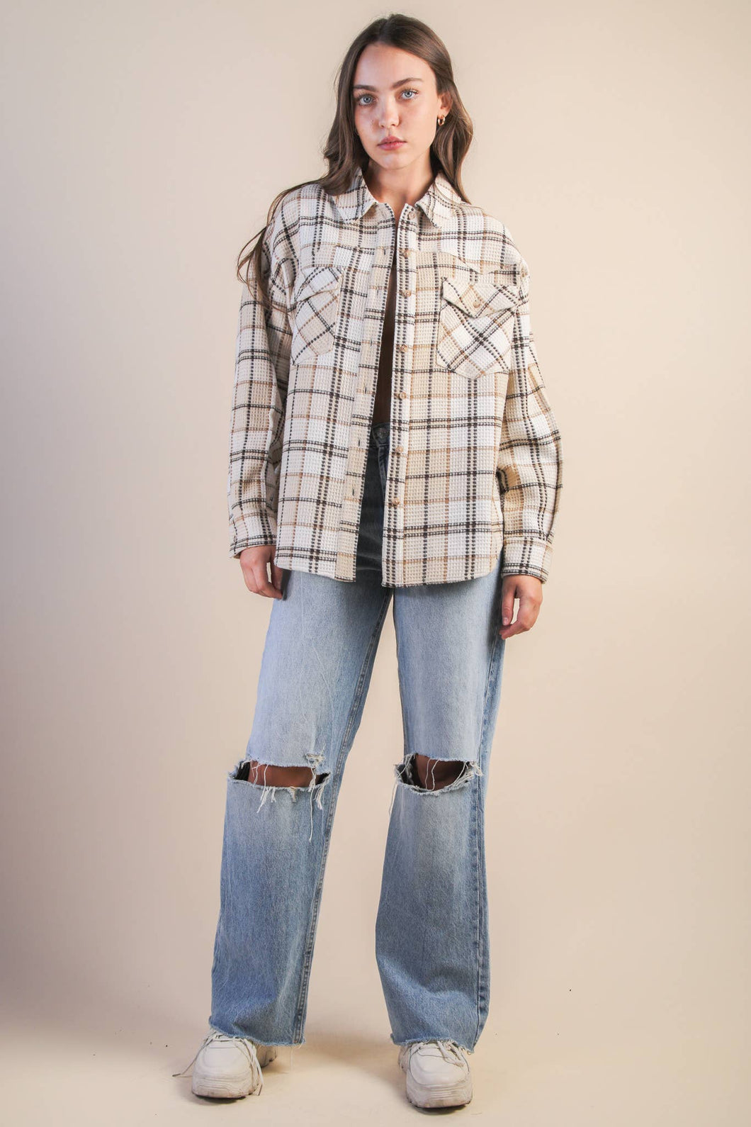 Oversized Checkered Casual Shacket Jacket: CREAM MIX