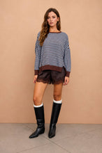 Load image into Gallery viewer, STRIPE EXPOSED SEAM SPLIT HEM LONG SLEEVE KNIT TOP (PRE-ORDER): BLACK
