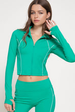 Load image into Gallery viewer, Long Sleeve Piping Detail Active Wear Jacket: GRN-jade green/off white / S
