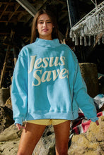 Load image into Gallery viewer, IT2594P-JESUSSAVES | 'JESUSSAVES' Print Mock Neck Sweatshirt: Baby Blue / S/M-L/XL (3-3)
