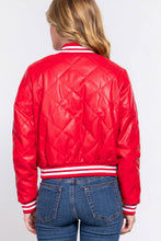 Load image into Gallery viewer, Long Sleeve Quilted PU Faux Leather Bomber Jacket: BLK-black / M
