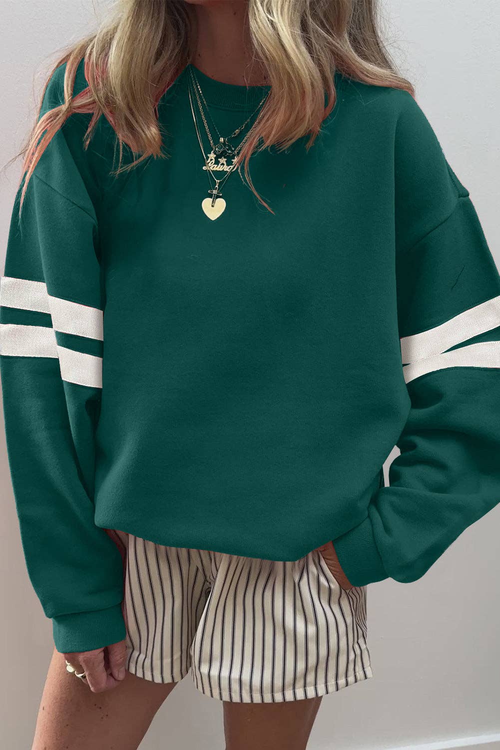Evergreen Varsity Striped Detail Drop Shoulder Oversized Sweatshirt: Evergreen