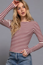 Load image into Gallery viewer, Long Sleeve Boat Neck Stripe Brushed Rib Top: BLK-black/cream / S
