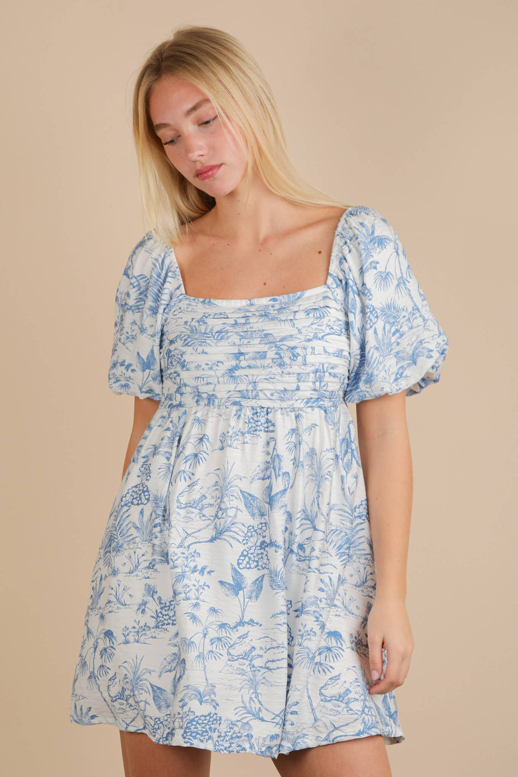Printed Puff Sleeve Mini Dress: BLUE