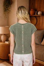 Load image into Gallery viewer, ACID WASHED TAB SLEEVE BACK BUTTON KNIT TOP: INDIGO
