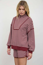 Load image into Gallery viewer, HALF ZIP STRIPE CONTRAST TRIM LONG SLEEVE KNIT TOP : CHOCOLATE BROWN
