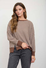Load image into Gallery viewer, STRIPE EXPOSED SEAM SPLIT HEM LONG SLEEVE KNIT TOP (PRE-ORDER): BLACK
