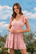 Load image into Gallery viewer, V NECK SHORT SLEEVE RUFFLE DETAIL SHIRRED MINI DRE: PINK
