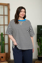 Load image into Gallery viewer, PLUS STRIPE COLORBLOCK DETAIL SHORT SLEEVE KNIT T-SHIRT : BLACK MULTI
