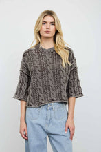Load image into Gallery viewer, WASHED 3/4 SLEEVE TURTLENECK CABLE KNIT PULLOVER: DARK BROWN
