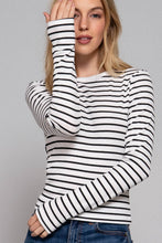 Load image into Gallery viewer, Long Sleeve Crew Neck Yarn Dyed Stripe Knit Top: WHT-WHITE/BLACK / L
