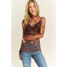 Load image into Gallery viewer, MESH LACE HIGH NECK DESIGN LONG SLEEVE FITTED TOP: Burgundy
