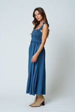 Load image into Gallery viewer, SMOCKED RUFFLE STRAP DENIM MIDI DRESS: DENIM
